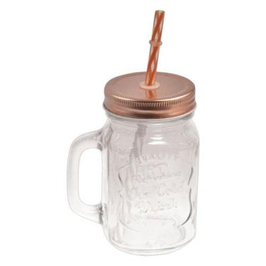 Imagem de Copo Caneca Vidro Grosso Retrô Vintage Com Tampa e Canudo 500ml - FsVa