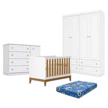 Imagem de Quarto Bebê Americano 4 Portas Berço Americano Flip Branco   Savana Reller Colchão Ortobom Henn