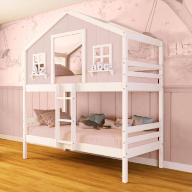 Imagem de Beliche Casinha Dos Sonhos Madeira Maciça Rosa/ Branco Megamobilia