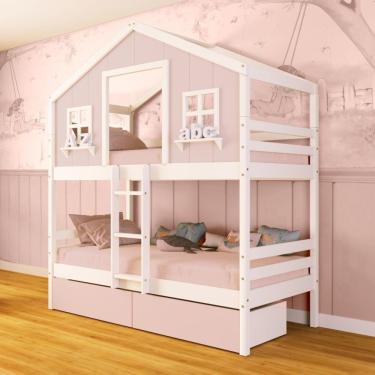 Imagem de Beliche Casinha Dos Sonhos Com 02 Gavetas Rosa Madeira Maciça Rosa/ Branco Megamobilia