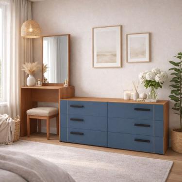 Imagem de Cômoda Penteadeira 6 Gavetas Lisboa Azul/Freijó
