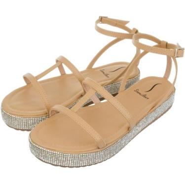 Imagem de Sandalia Flat Brilho Somileve Nayara Tiras Conforto Fivela, Palha, 37