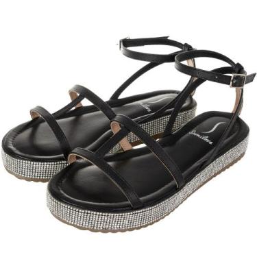 Imagem de Sandalia Flat Brilho Somileve Nayara Tiras Conforto Fivela, Preto, 35