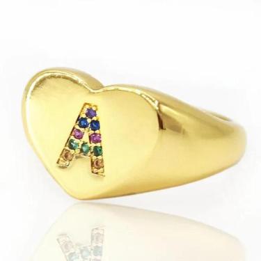 Imagem de Dedeira de Ouro 24K Letra em Zircônia Colorida Anel Feminino Banhado -