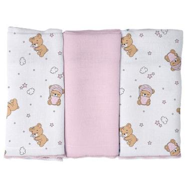 Imagem de Pano de Boca para Bebê 3 unidades Pixuxu 34cm x 34cm, Urso Soninho Ros