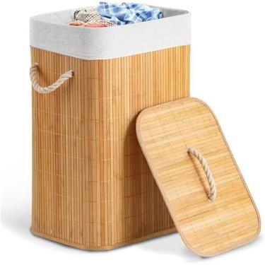 Imagem de Cesto de Roupas Sujas Dobrável 70L em Bambu com Tampa e Forro Removíve