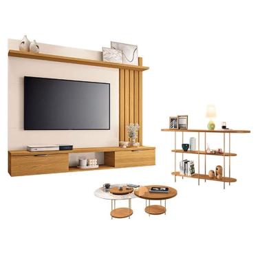 Imagem de Painel Suspenso Lets Cinamomo Off White com Kit Mesa de Centro Sky e Aparador Infinity Cinamomo - HB Móveis