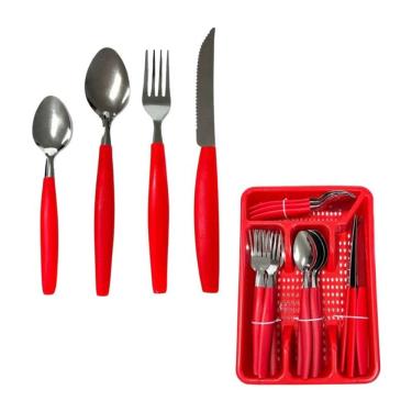 Imagem de Faqueiro Vermelho 24 Peças com Porta Talheres 06 Garfos 06 Facas 12 Colheres Cabo Polipropileno Aço Inox para Mesa