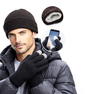 Imagem de Kit Inverno Touca Gorro Lã Forrada + Luva Touch Unissex - A.Cat, Preto