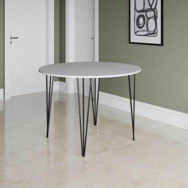 Imagem de Mesa Jantar Redonda Branca Hairpin 90cm Elen Base Ferro Preto Branco -