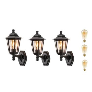 Imagem de 3 Arandela Vintage Preta Externa Lente Transp. Varanda Lup42 + led - A