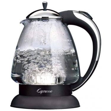 Imagem de Chaleira elétrica de vidro Capresso preta e cromada 1,42L com indicador luminoso e desligamento automático H2O Glass 240.02, 110V