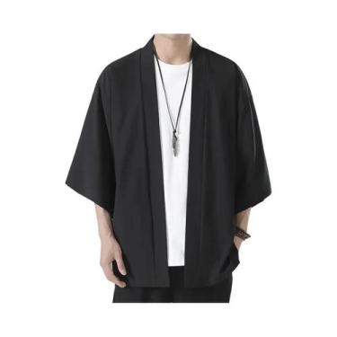 Imagem de Quimono Masculino Preto Leve Tradicional Japonês Haori Yukata Jaqueta 