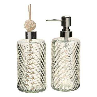 Imagem de Mimo Style Jogo De Dispenser de Sabão Líquido (470ml) e Recipiente Difusor Aromático (470ml) Espiral. Nosso Conjunto É Feito de Vidro e Polipropileno. Perfeito Para Deixar Seu Banheiro Mais Cheiroso