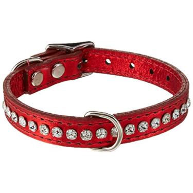 Imagem de OmniPet Coleira de couro de cristal para cães, couro de grão sólido vermelho metálico, serve para pescoço de 19 a 24 cm