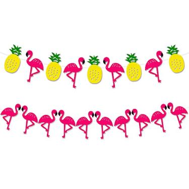 Imagem de Guirlanda de flamingo grande, de feltro de 10 metros - 2 cordas, não faça você mesmo | Decoração de festa de flamingo rosa | Banner de abacaxi e flamingo | Decorações de festa de flamingo e abacaxi para aniversário, festa de despedida de solteira