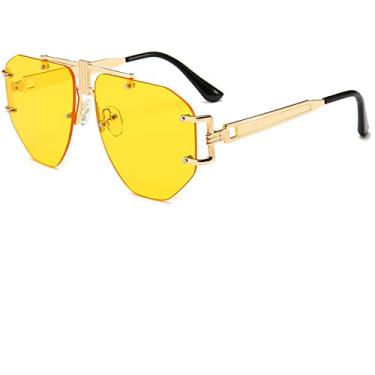 Imagem de Óculos de sol femininos sem aro transparentes na moda óculos de sol grandes de metal vintage tons UV400 óculos punk, amarelo C4, tamanho único