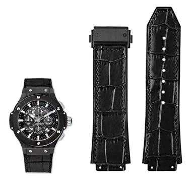 Imagem de GANYUU Pulseira de relógio de couro genuíno para Hublot Big Bang Series pulseira de couro masculina com acessórios de ferramentas preto marrom 26 * 19mm (cor: fivela preta-preta, tamanho: 26mm-19mm)