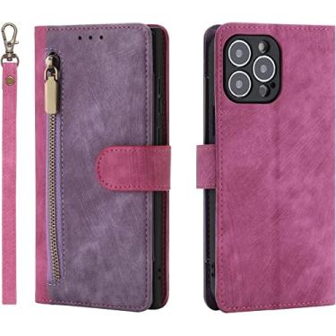 Imagem de MAALYA Capa carteira com zíper para iPhone 14/14 Plus/14 Pro/14 Pro Max, capa de couro PU premium com alça de pulso slots de cartão suporte capa protetora flip magnética para telefone (cor: rosa, tamanho: 14pro)