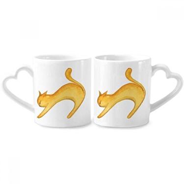 Imagem de Miaoji Pintura Gato Laranja Aquarela Conjunto de Canecas de Porcelana para Casais Amante Cerâmica Copo Coração Alça