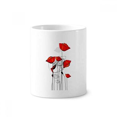 Imagem de Suporte para caneta de escova de dentes de milho com arte abstrata de flores vermelhas com suporte de cerâmica