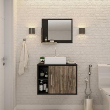Imagem de Conjunto para Banheiro Gabinete com Cuba Q32 e Espelheira Soft 600  Preto Ônix com Carvalho Dark