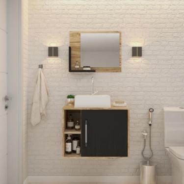 Imagem de Conjunto para Banheiro Gabinete com Cuba Q32 e Espelheira Soft 600  Carvalho com Preto Ônix