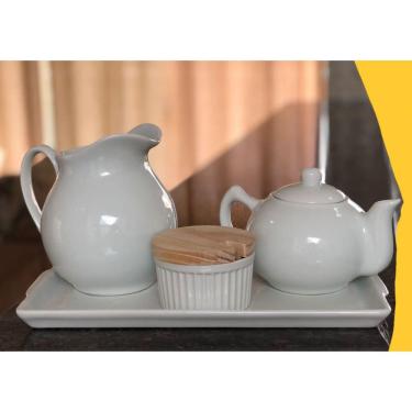 Imagem de Jogo Café e Chá, Bandeja + Bule Chaleira 830ml + Jarra clássica 1,3L + Açucareiro ramequim 250ml - Porcelana Branca