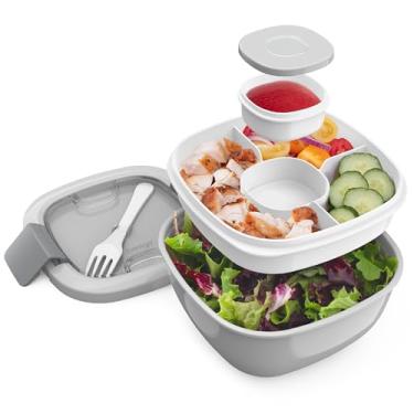Imagem de Bentgo Recipiente de salada tudo-em-um – Tigela de salada grande, bandeja de caixa Bento, recipiente de molho à prova de vazamento, tampa hermética e garfo para almoços adultos saudáveis; livre de BPA