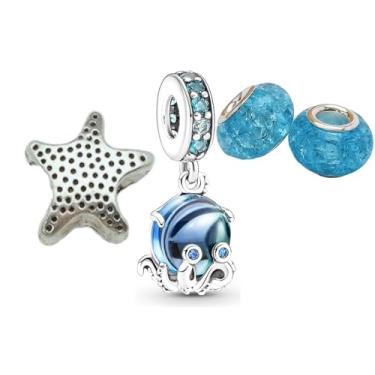 Imagem de kit 4 Berloque Fundo do Mar com Polvo + Tartaruga + par de Murano - Excelente Presente para Namorada -compatitíveis com pulseira para berloques de prata de todas as marcas