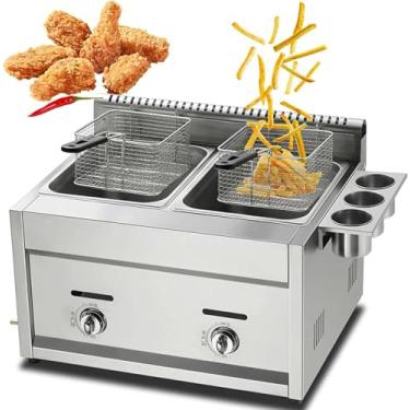 Imagem de Fritadeira a gás GLP, fritadeira comercial de aço inoxidável de grande capacidade, potência de fogo ajustável, com 2 cestos e tampa, máquina de batatas fritas, fritadeira comercial de fácil limpeza