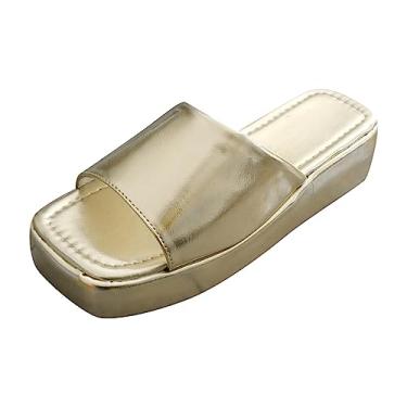 Imagem de Sandálias rasteiras femininas elegantes de verão, chinelos de dedo aberto com palmilha macia, Dourado, 38
