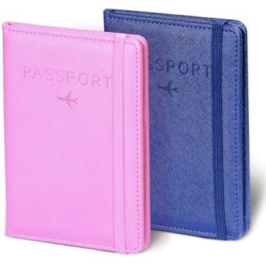 Imagem de Pacote com 2 pacotes de porta-cartão de vacina e passaporte, capa carteira com compartimento para cartão de vacina, acessórios de viagem para mulheres e homens, azul e rosa, capa de passaporte de viagem, Azul e rosa, Capa de passaporte de viagem