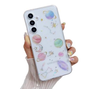 Imagem de Yzniyzce Capa compatível com Samsung Galaxy A14 4G/5G, lindas capas transparentes com design de estrelas e lua com glitter planeta, capa à prova de choque de silicone estética feminina e meninas para