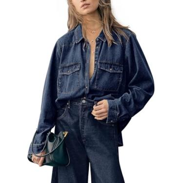 Imagem de Paintcolors Camisa jeans feminina de botão com ajuste regular, manga comprida, casual, para trabalho, túnica de cambraia com bolso, Azul escuro_c35, M