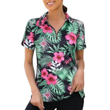 Imagem de Viracy Camisa polo feminina de golfe 1/4 com zíper sobreposta, manga curta, secagem rápida, Flores, G