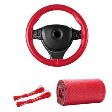 Imagem de Kewucn Capa de volante de couro genuíno, protetor universal de volante de carro de 15 polegadas com linha de agulha, capa de volante antiderrapante respirável DIY Stitch on Wrap (vermelho, furo completo)