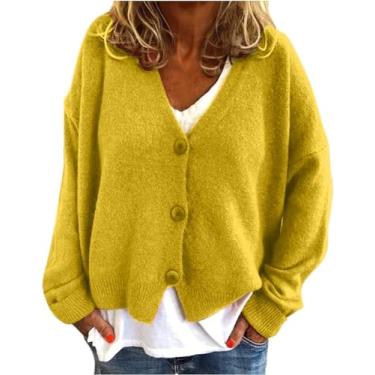 Imagem de LUZBOSE Suéter feminino cardigã feminino gola V manga longa casual cor sólida suéter solto colete de malha pulôver adequado para mulheres e meninas modernas (XXL, amarelo)