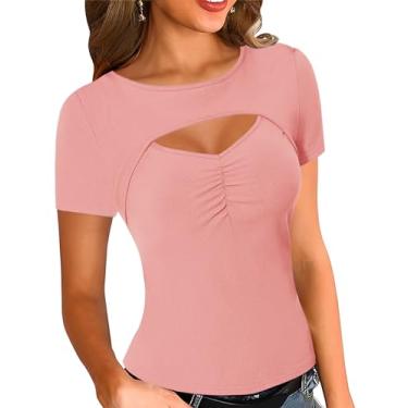 Imagem de KTILG Camisetas femininas recortadas na frente manga curta sexy com nervuras de malha justa camisetas P-2GG, rosa, G