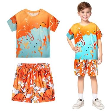 Imagem de Little Bitty Conjunto de camisetas e shorts de verão para meninos e crianças, estampa abstrata, vibrante, 2 a 7 anos, Laranja e azul, 4Y