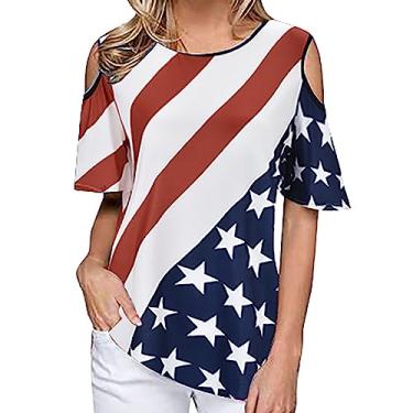 Imagem de Camiseta feminina com bandeira americana casual Fouth of July Stars Stripes Camisetas ombro vazado camiseta patriótica solta, Branco, G