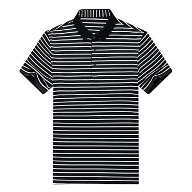 Imagem de Camisa polo masculina de malha listrada de poliéster, ajuste fino, absorção de umidade, secagem rápida, leve, gola atlética e macia(Color:Black,Size:XXXXL)