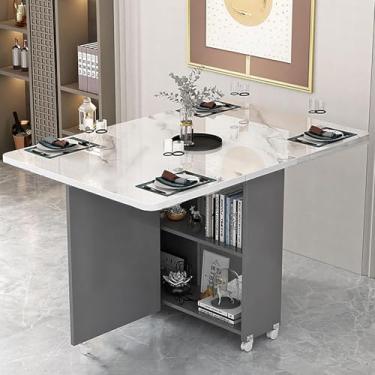 Imagem de Mesa de jantar dobrável para cozinha, mesa de jantar moderna com folhas suspensas Mesa de cozinha expansível com 6 rodas, mesa extensível dobrável para economia de espaço com armazenamento d