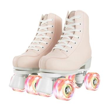 Imagem de Patins femininos de couro sintético de cano alto, duas fileiras com rodas iluminadas para adultos, jovens, crianças, ambientes internos e externos (roda rosa claro, 40)