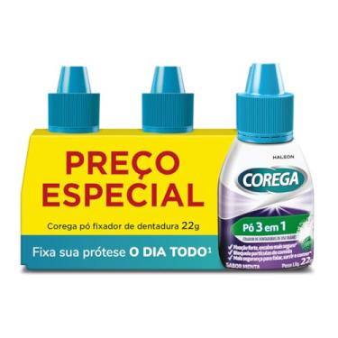 Imagem de Corega Pó Fixador de Dentaduras de Uso Diário, Forte Fixação por Até 12h, Cor Roxa, Kit 3 Unidades, 22g Cada
