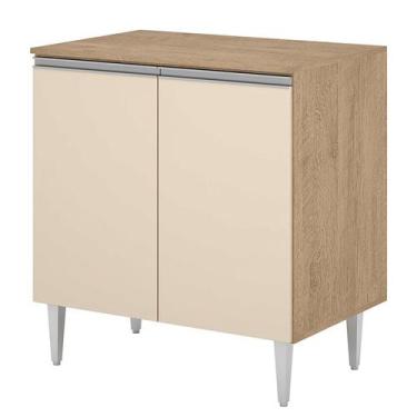 Imagem de Balcão 2 portas milla  com tampo em madeira  amendoa off white puxador