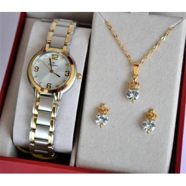 Imagem de Relogio champion feminino pequeno misto cn28419c + kit semi joia