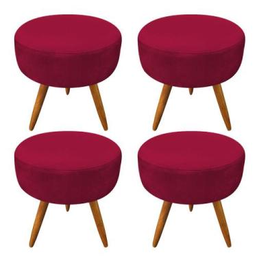 Imagem de Kit 4 Puffs Banqueta Redonda Nina Veludo Vermelho Pés Palito Castanho 