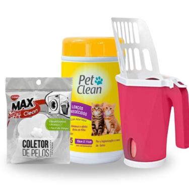 Imagem de Kit Gato Pá Coletora P/Caixa de Areia + Coletor de Pelos P/Máquina + L