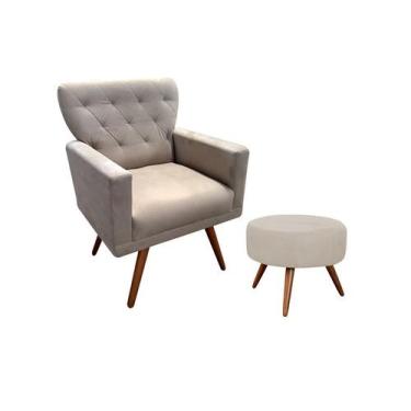 Imagem de Kit Poltrona Decorativa Aurora + 1 Puff Redondo Suede Bege Pés Madeira